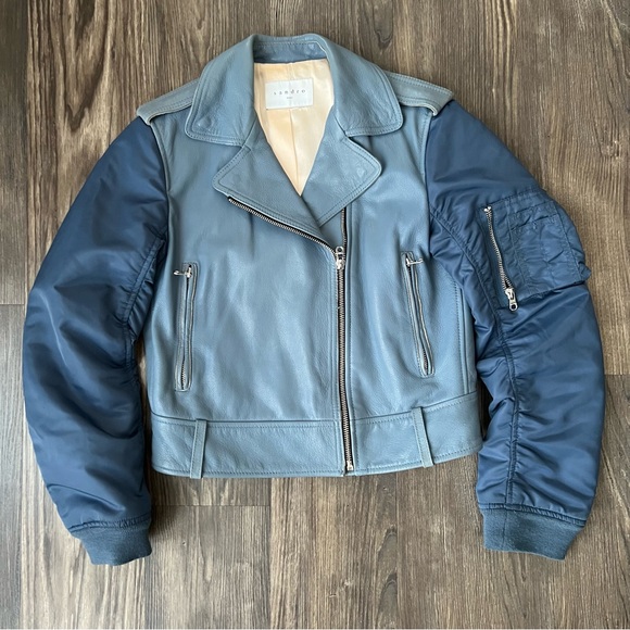 Sandro Blue Goat Leather Coat Biker Moto Bomber Jacket with Pleated Sleeves - Picture 6 of 16